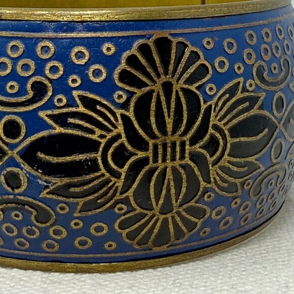 Vintage Enamel Cloisonne‎ Wide Bangle Bracelet Floral Brass Black Blue Boho Art - Picture 9 of 9